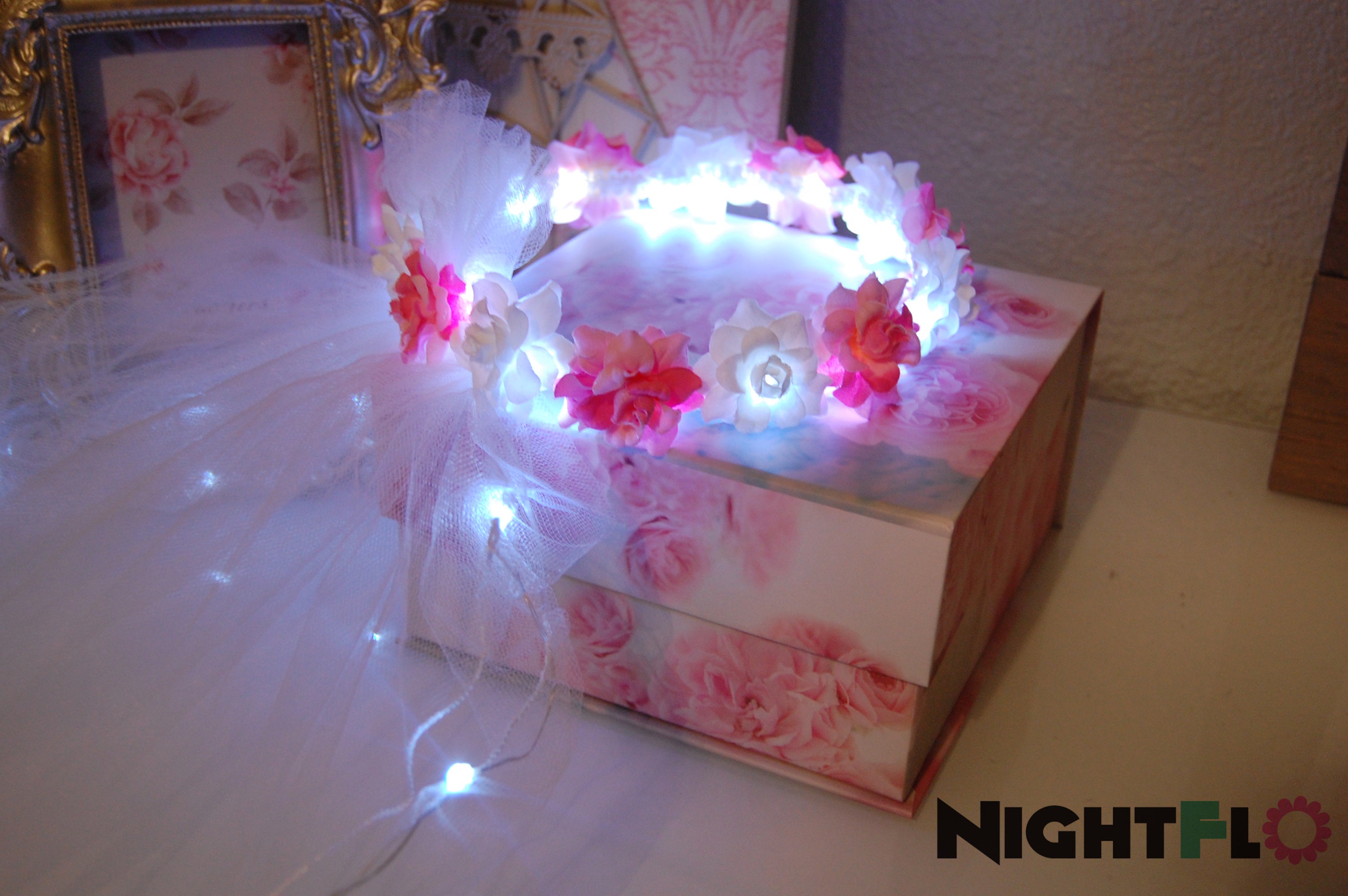 Glowing LED Pink Floral Crown Veil – Light-Up Bachelorette & Bride-to-Be Accessory