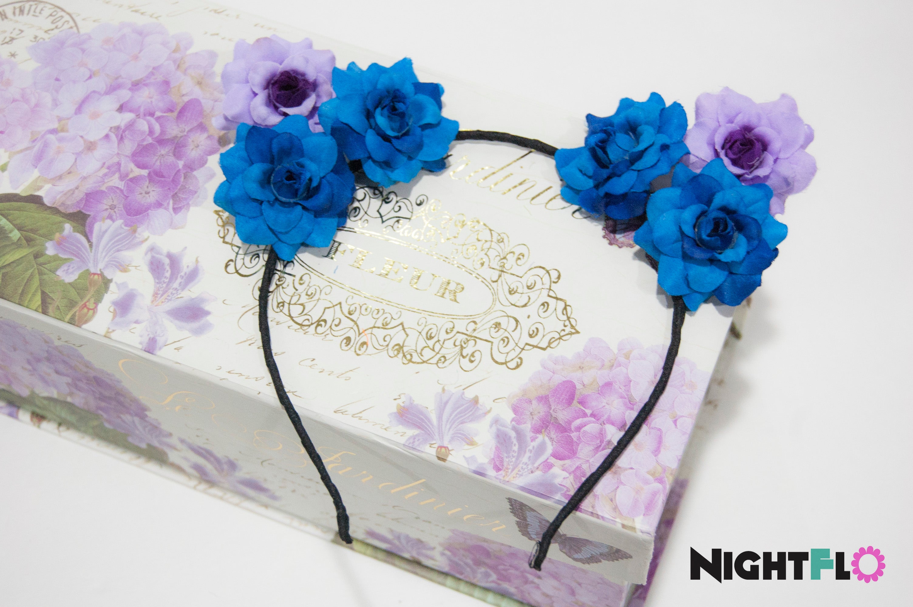 Royal Blue & Purple Rose Floral Kitty Ears Headband – Velvet-Look Rose Kitty Ears w Optional LED Light-Up Finish