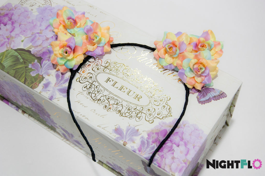 Pastel Rainbow Floral Kitty Ears Headband – Multi-Color Rose Blossom Kitty Ears w Optional LED Light-Up Finish