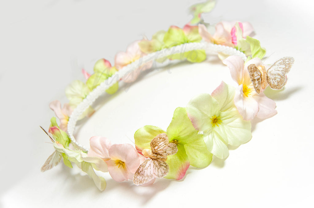 Glowing LED Enchanted  Fairy Garden Flower Crown – Light-Up Pastel Floral & Gold Butterfly Headpiece  Light Up Flower Crown Headband (White LED) |Music Festival| EDC