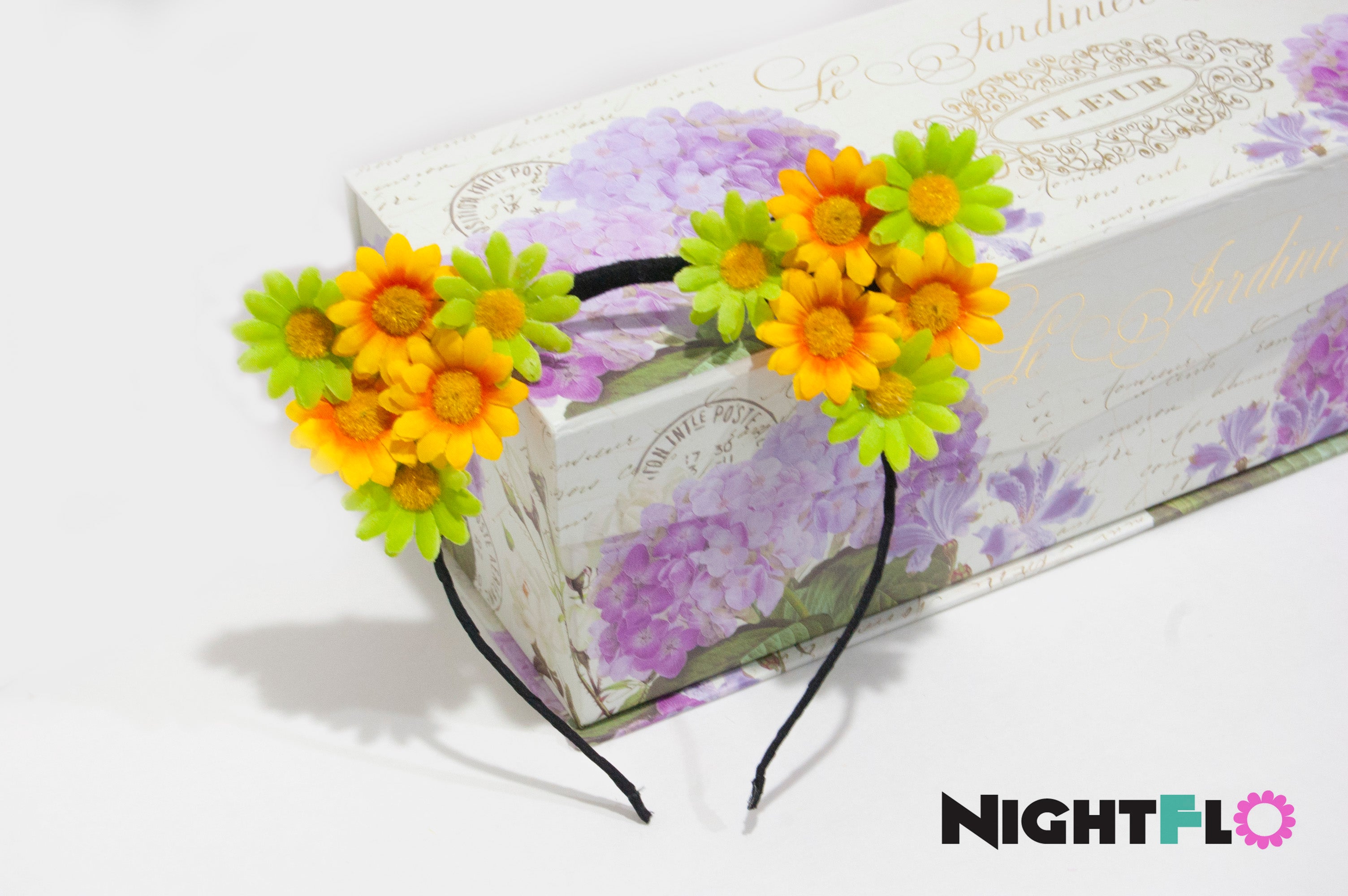 Pixie Fairy Daisy Floral Kitty Ears Headband – Lime Green & Yellow Daisy Kitty Ears w Optional LED Light-Up Finish